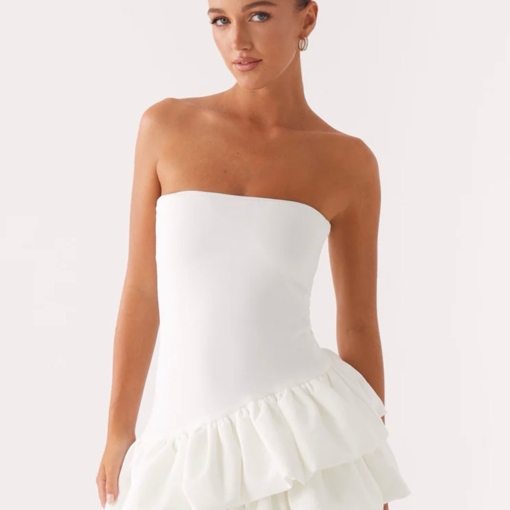 Strapless White Ruffle Mini Dress - Picture 3 of 6